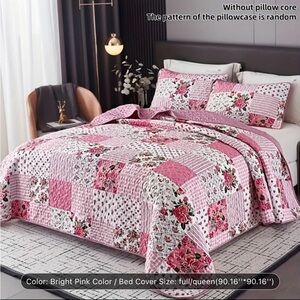 3 Pc Floral Patchwork Quilt Set - Pink